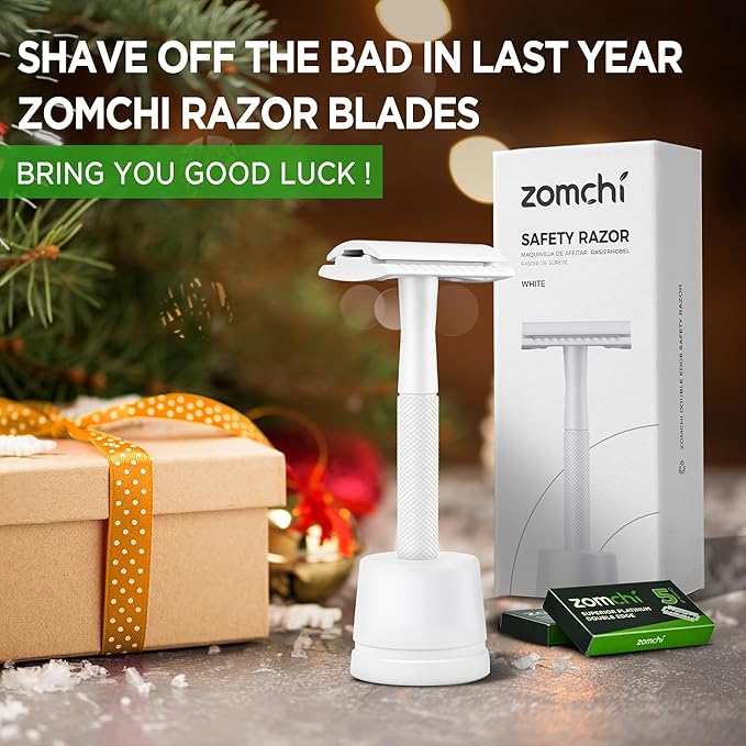 ZOMCHI Double Edge Safety Razor with Stand for Men, Women Razor with 10 Double Edge Safety Razor Blades, Plastic Free Metal Razor – White