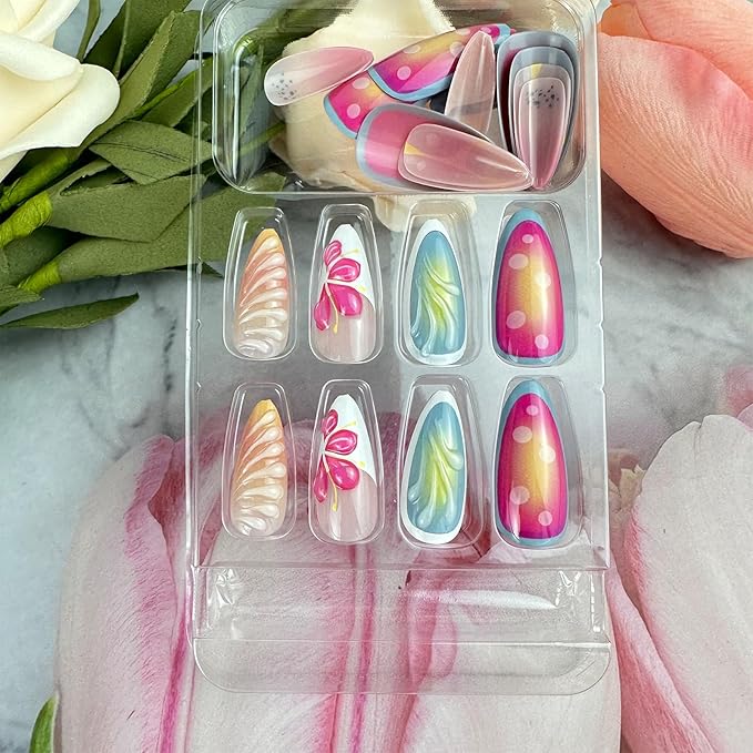 24Pcs Summer Shell Press on Nails Medium Almond Fake Nails with 3D Starfish Design White French Tip Colorful Ombre False Nails Pink Gradient Spring Flower Stick on Nails for Manicure DIY