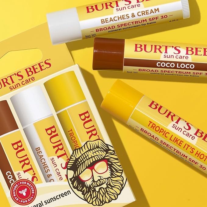 Burt’s Bees SPF 30 Lip Balm Mothers Day Gifts for Mom, Beaches and Cream, Water-Resistant Sun Care, Nano-Free Zinc Oxide Formula, Natural Origin Conditioning Lip Treatment, 3 Tubes, 0.15 oz.