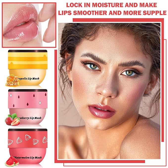 3PCS Bee Lip Balm Honey Pot Honey Strawberry Watermelon Sleeping Lip Mask Silky Hydrating Bee Lip Balm Honey Lip Mask Overnight LipCare Products(Honey+Strawberry+Watermelon)