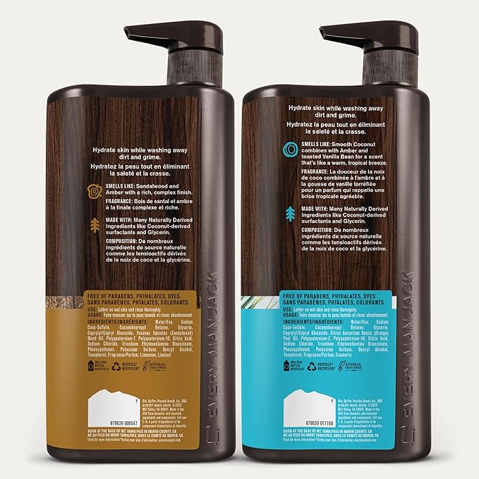 Every Man Jack Coconut + Driftwood & Amber + Sandalwood Mens Body Wash for All Skin Types - Cleanse, Hydrate, and Smell Great - Free of Parabens, Phtalates, and Dyes - 33.8 fl oz (2 Pack)