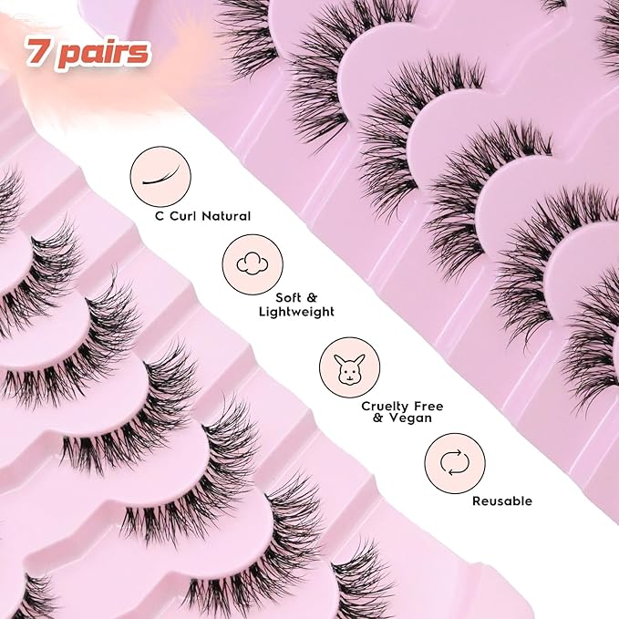 False Eyelahses Wispy Lashes Cat Eye 10MM Short Lashes C Curl Soft Lash Strips Fake Eyelashes Natural Look Cat Eyelash Pack with Clear Band Siligli 7 Pair