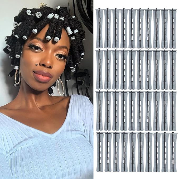 Perm Rods Set for Short Natural Hair 40pcs Gray Plastic Cold Wave Rods Hair Curling Rollers with Steel Pintail Comb Rat Tail DIY Hairdressing Tools(40pcs Gray)