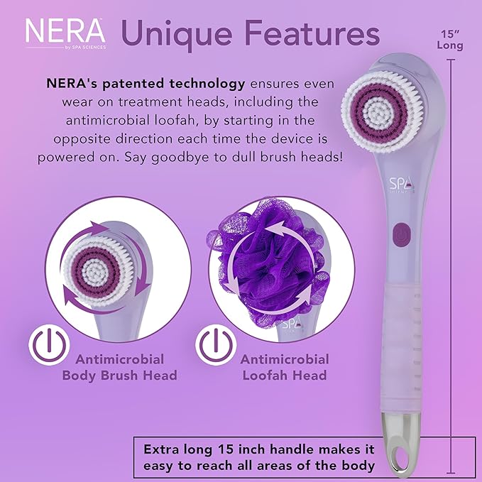 Spa Sciences - NERA - 4-in-1 Shower/Bath Body Brush for Exfoliation, Deep Cleansing, Foot Care, Lotion Infuser, and Massage