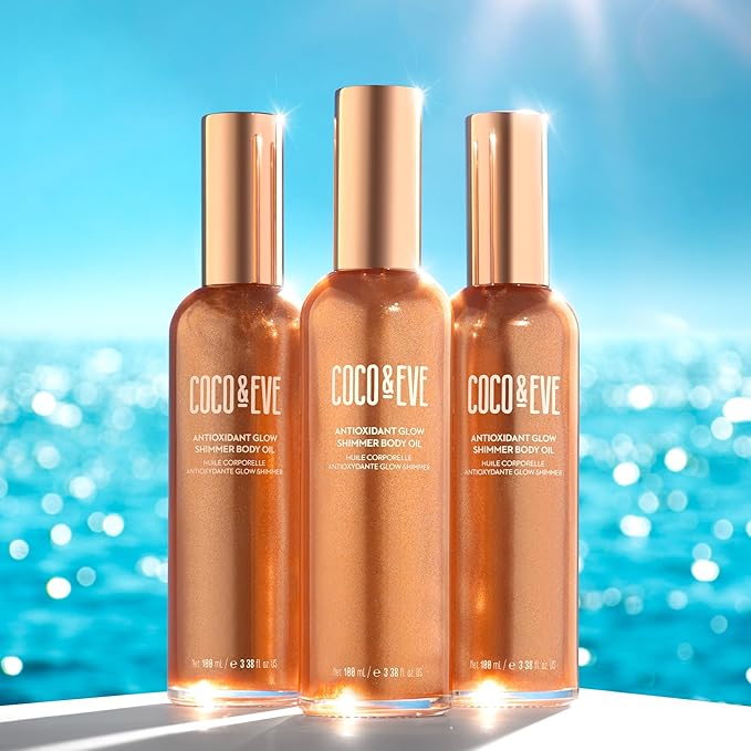 Coco & Eve Antioxidant Glow Shimmer Body Oil - Lightweight Skin Illuminator with Pearlescent Minerals, Natural Glitter, Antioxidants for Shimmering, Moisturizing and Healthy Glow (3.38 Fl Oz)
