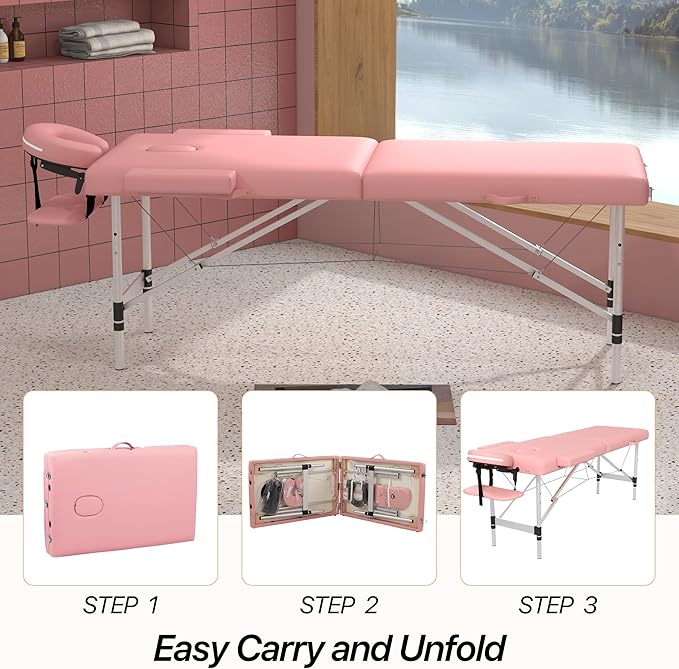 Massage Table Massage Bed, Portable 2 Section Foldable Tattoo Bed, Height Adjustable Lash Spa Bed with Face Cradle, Home Light Weight Facial Salon Bed with Aluminum Frame, Light Pink