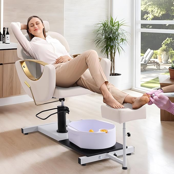 Pedicure Station No Plumbing, Hydraulic Pedicure Chair for Nail Tech, Height Adjustable Reclining Pedicure Station Unit, 360 Degree Swivel Foot Spa Chair with Massage Foot Bath (White-Golden)