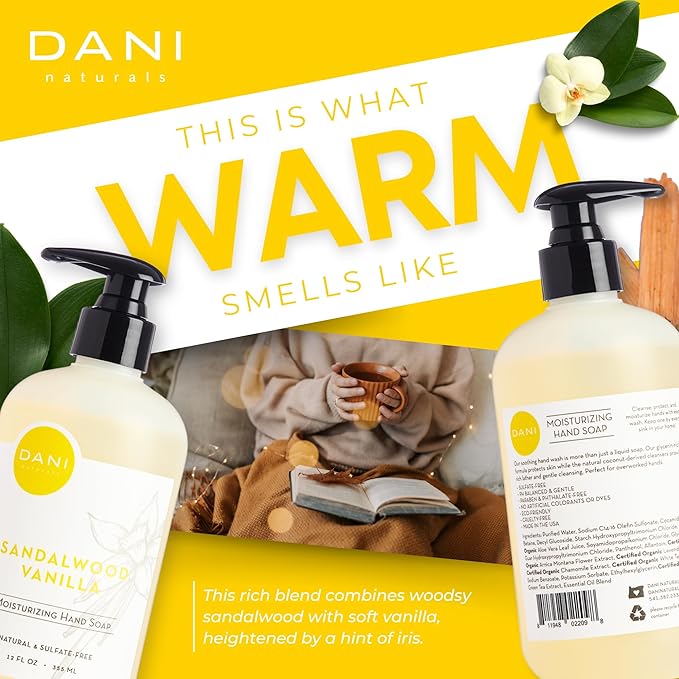 DANI Naturals Moisturizing Hand Soap – Sandalwood Vanilla Scent, Hydrating, Sulfate-Free & Paraben-Free, 12 Oz Bottle with Pump, Gentle Cleansing for Dry Skin