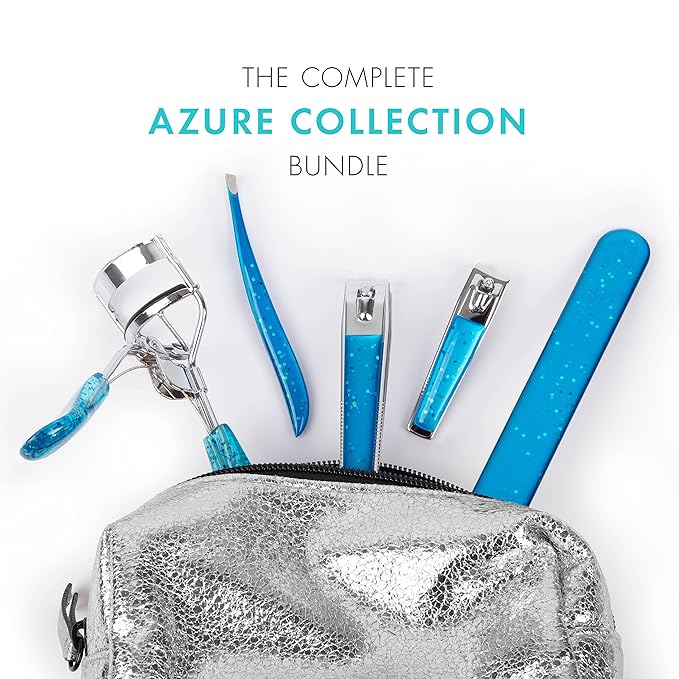 TRIM Azure Collection Bundle – for Removing Hair, Curling Lashes, Clipping & Filing Nails – Includes Slant Tip Tweezers, Eyelash Curler, Nail Clipper Set & Laser Cut Nail File – Blue Glitter Sparkle