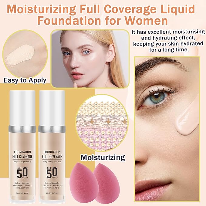 2PCS Ivory White Foundation Makeup Set with 2 Makeup Sponges,Moisturizing Full Coverage Liquid Foundation for Women,Non-greasy Long Lasting Flawless Concealer Cream Makeup Foundation Set