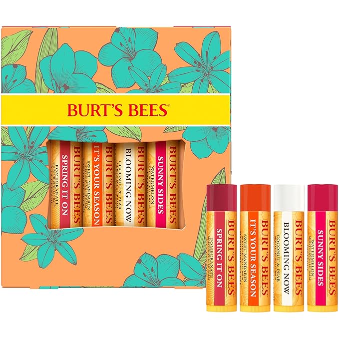 Burt's Bees Lip Balm Easter Basket Stuffers - Just Picked Gifts Set with Pomegranate, Watermelon, Sweet Mandarin, Coconut and Pear Natural Lip Treatment Tubes, 4, 0.15 oz.