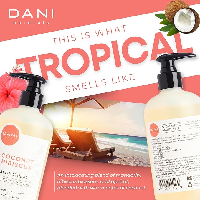 DANI Naturals Moisturizing Hand Soap – Coconut Hibiscus Scent, Hydrating, Sulfate-Free & Paraben-Free, 12 Oz Bottle with Pump, Gentle Cleansing for Dry Skin