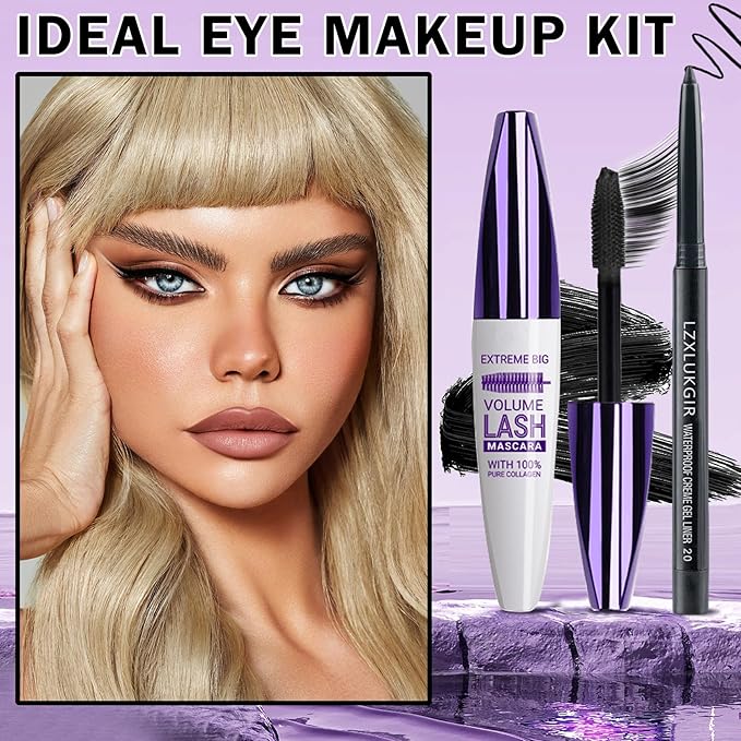 Black Mascara and Eyeliner Set,Natural Curling Black Mascara for Eyelashes,Volumizing Lengthening máscara de pestañas Waterproof,5D Colored Eye Makeup