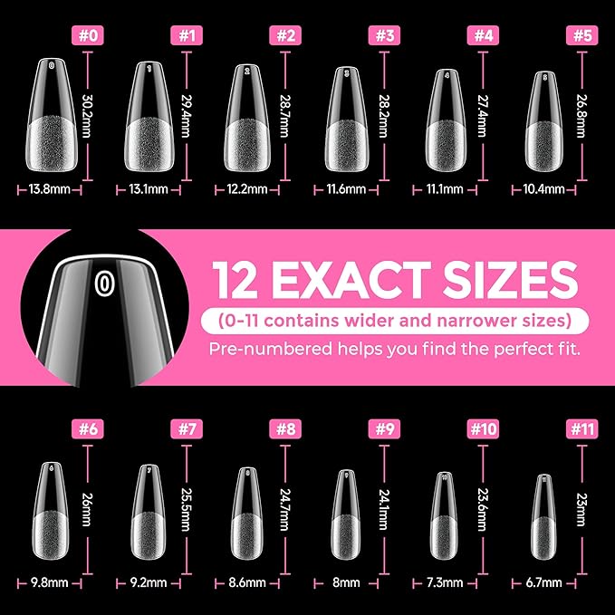UNA GELLA Long Coffin Nail Tips: 216pcs Coffin Acrylic Fake Nails Full Cover Gel Nail Tips Press On Nails Clear Tips for Nail Extension DIY Salon 12 Sizes