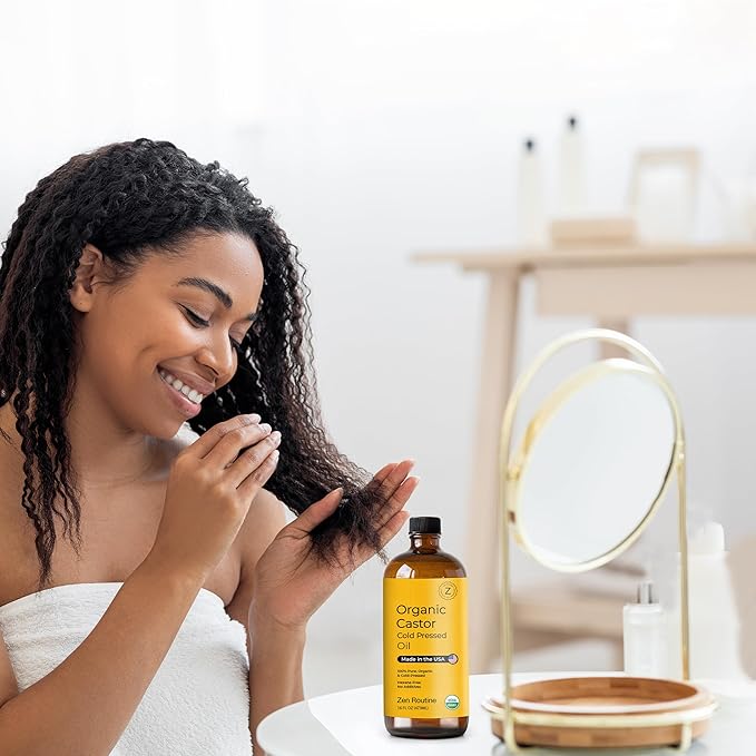 Zen Routine Organic Castor Oil (BIG Glass Bottle - 32oz) Hexane Free – Hair Growth Oil, Eye Lashes & Stomach – Pure 100% Cold Pressed Unrefined Oil for Castor Pack – USDA Certified, Made in the USA