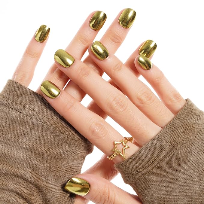 GLAMERMAID Extra Short Press on Nails 24PCS, Handmade Golden Chrome Fall Gel Glue on Nails, Glossy Round Reusable UV Finish Fake Nails Acrylic False Nails Manicure Kits for Women