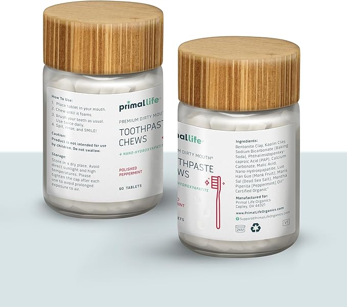 Primal Life Organics Premium Dirty Mouth Toothpaste Chews – Nano-Hydroxyapatite Whitening Toothpaste Tablets for Adults - Gluten Free, Vegan, Paleo - 60 Tablets in Jar - Polished Peppermint