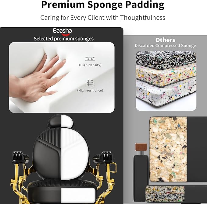 Baasha Elegant Black & Gold Barber Chair, Reclining Salon Chair with Plush Cushion & Adjustable Headrest, Heavy-Duty Structure for Tattoo & Hair Studios, 550 lbs