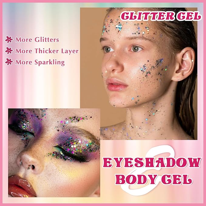 12 Colors Body Glitter Gel and Face Glitter Gel Makeup for Eyeshadow and Nails, Hair and Raves Festivals, Makeup for Women and Kids