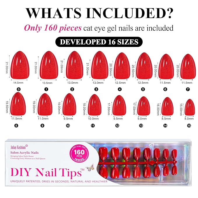Cat Eye Press on Nails Short - Jofay Fashion 5 Styles Valentines Red Short Almond False Nails with Cherry Glaze Glitter Designs, Acrylic False Nails Reusable Full Cover Stick on Fake Nails, 32 Sizes