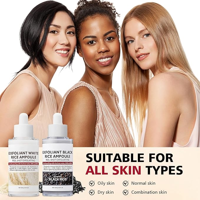 2PCS Rice Exfoliating Ampoule Set, Black & White Rice Exfoliant Brightening Duo for Glowing Skin, Gentle Peel & Pore Minimizing & Deep Hydration for All Skin Types