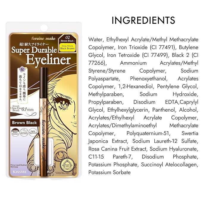 Heroine Make by KISSME Waterproof Eyeliner for Intense Color & Ultra-Fine 0.1mm Tip, Liquid Eyeliner Pen with Organic Beauty Serum, Cat Eye Liner for Long Lasting Eyelines, Brown Black, 1 EA, PRIME