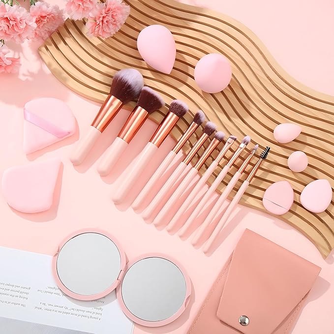 20PCS Travel Makeup Brush Set,10 Pcs Small Makeup Brushes with Mirror,Storage Bag and 8PCS Makeup Sponges for Home,Travel, Party