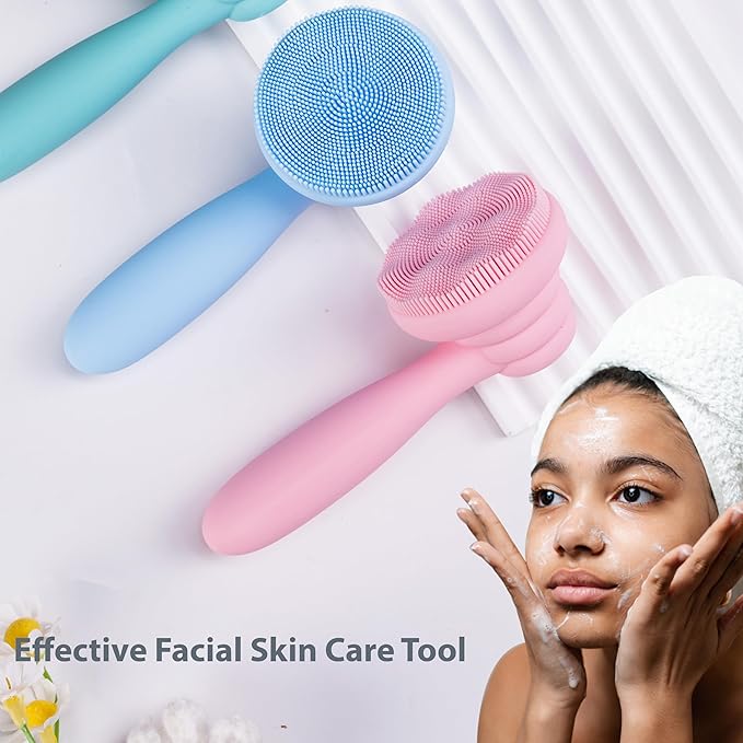 2 PC Silicone Facial Cleansing Brush Facial Scrubber Manual Exfoliating Facial Brush Face Cleanser Face Exfoliator Ultrafine Bristles for Sensitive Skin Easy to Clean Lather Well(Pink&Green)