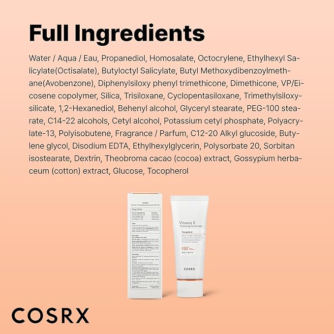 COSRX Vitamin E Vitalizing Face Sunscreen SPF 50, 1.69 fl oz, SPF Moisturizer, Lightweight under Makeup, Summer Travel Essentials, Korean Skin Care, Korean Sunscreen for Face, Stocking Stuffers