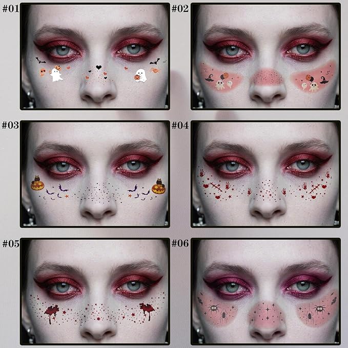 Glitter Freckles, Holographic Face and Body Glitter Tattoo Sparkle for Women Gold Glow Cosmetic Star Makeup Accessories for Festival Rave (6pcs Halloween)