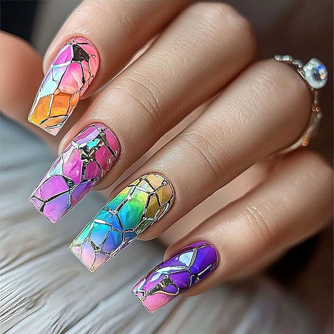Long Press on Nails Coffin Shape with Marble Design Fake Nails Hot Girl Glue on Nails for Prom and Party Gift for Women 24pcs