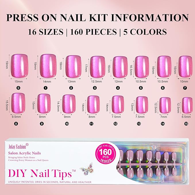 Press on Nails Short 5 Styles, Jofay Fashion 160Pcs Salon-Like Fake Nails with Chrome/Rainbow Laser/Chasing Light Cat Eye Designs, Acrylic French Tip Press on Nails Glue on Nails