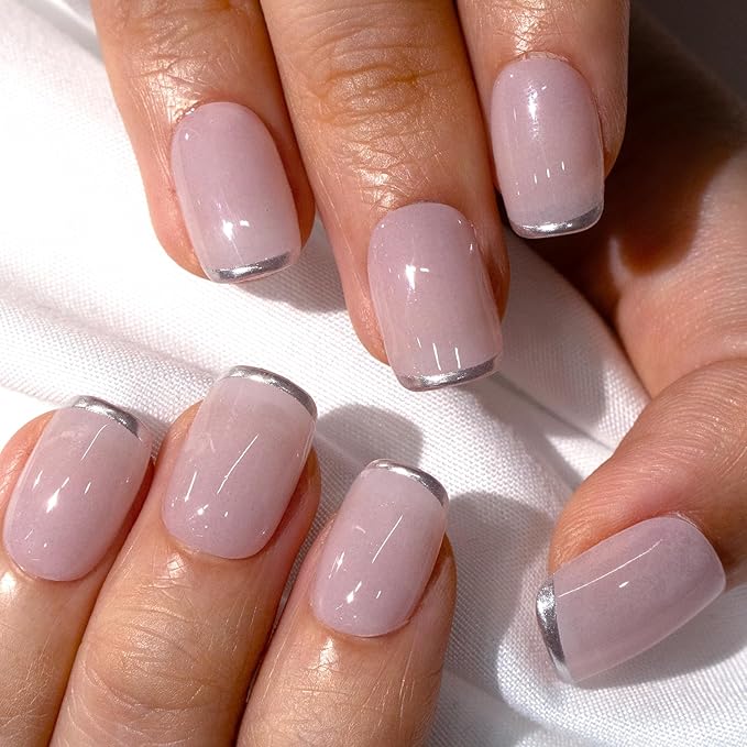 Curvlife Press on Nails Acrylic Fake Nails with Design Full Cover False Nails for Women Reusable Nail Kit with Nail Glue Adhesive Tabs Nail File (Ivory silvery white, Medium)