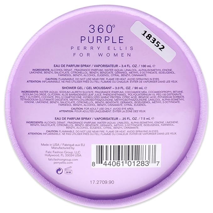 Perry Ellis 360 Purple Women 3.4oz EDP Spray, 0.25oz EDP Spray, 3.0oz Shower Gel 3 Pc Gift Set