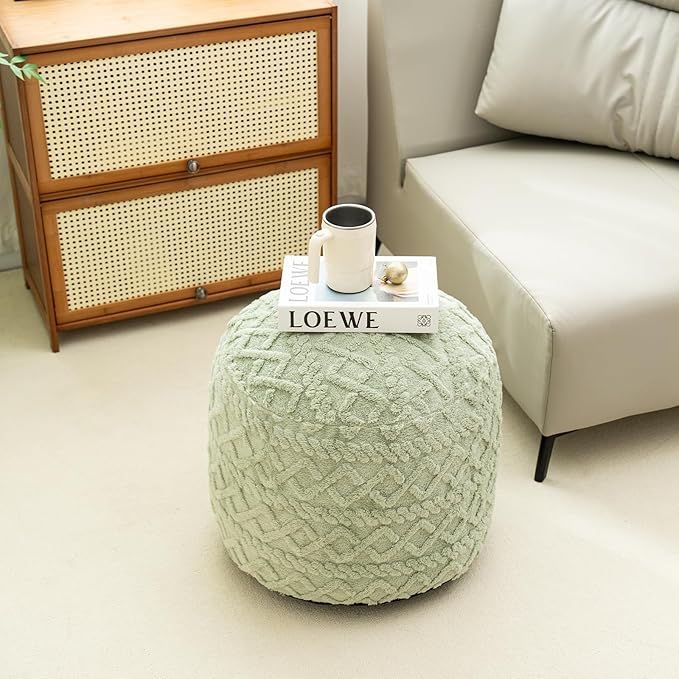 Round Stuffed Pouf Ottoman for Foot Rest, Faux Fur Poufs with Foam Chunk Filling, Storage Ottoman Pouf Foot Stool Cushion, 20 X 15 InchFloor Poufs Foot Rest for Living Room Bedroom Home Decor (Green)