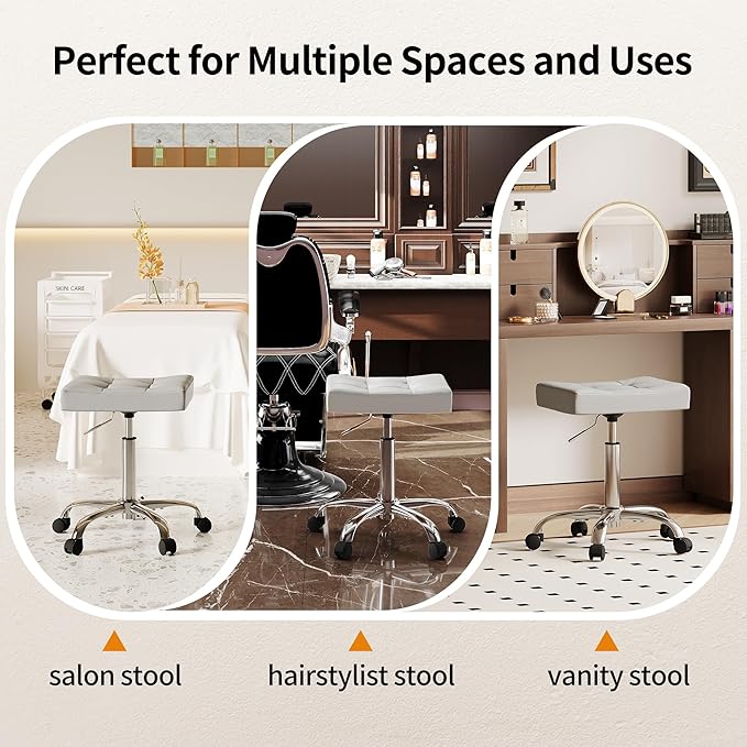 Saddle Stool with Wheels, Swivel Rolling StoolS for Vanity, Adjustable Height Tattoo Stool 17"-21" (Gray)