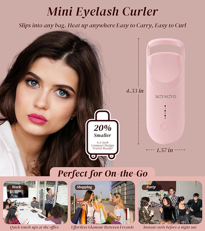 Heated Eyelash Curler, Eyelash Curlers with 10S Quick Heat-Up, 2 Temp Settings, 3S Styling & 24H Long-Lasting Natural Curl, Type-C Recharge, Mini Electric Eyelash Curler for Travel - Pink