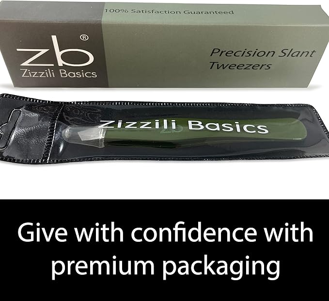Tweezers – Surgical Grade Stainless Steel - Slant Tip for Expert Eyebrow Shaping and Facial Hair Removal – with Protective Pouch (Army Green)