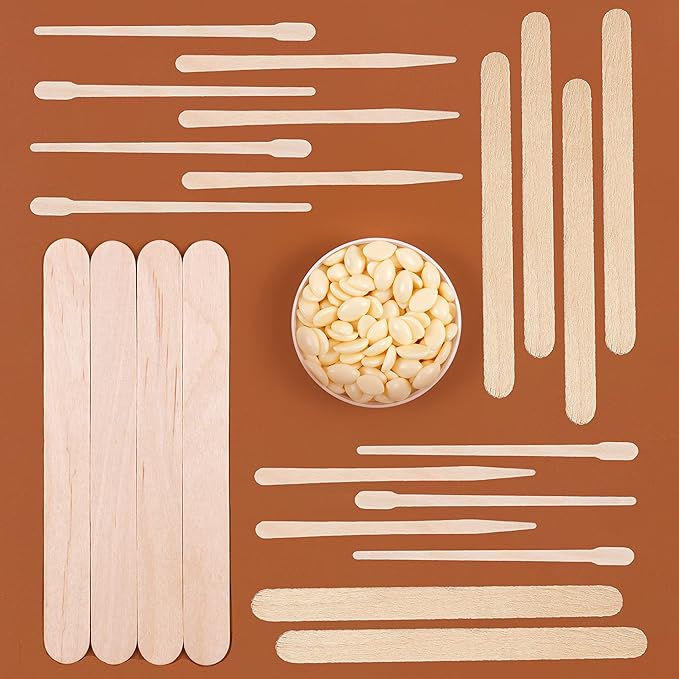 Mibly 4 Style 300 Pcs Assorted Wooden Wax Sticks for Body Legs Face and Small Medium Large Sizes Eyebrow Waxing Applicator Spatulas for Hair Removal or Wood Craft Sticks