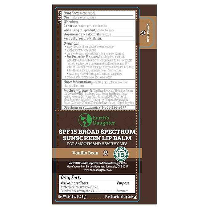 Earth's Daughter SPF Lip Balm 4-Pack - Lip Sunscreen, SPF 15, Organic Ingredients, Vanilla Flavor, Beeswax, Coconut Oil, Vitamin E - Hypoallergenic, Paraben Free, Gluten Free