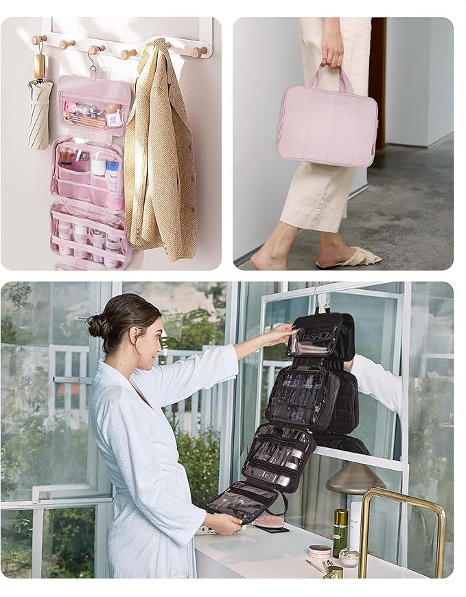 BAGSMART Travel Toiletry Bag with Jewelry Organizer, Hanging Travel Bag for Toiletries, Puffy Makeup Cosmetic Bag Organizer, Carry-on Travel Accessories Essentials, Beige-L