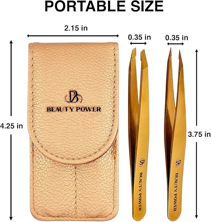 Professional Tweezers Set – Slant & Point, Ultra Precision German Stainless Steel Tweezers for Eyebrows, Chin, Ingrown Hair & Facial Grooming – Lightweight with Travel Case (Matte Gold)