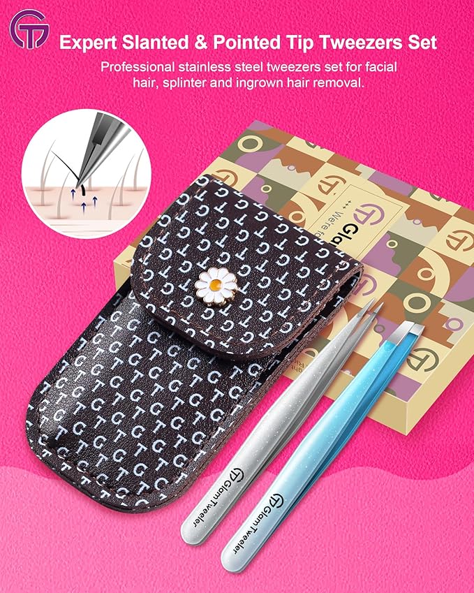 Expert Slant and Point Tip Tweezer Set with Exclusive Storage & Carrying Case, GlamTweeler Sharp & Precision Tweezer Set for Eyebrows, Facial Hairs and Fine Hairs Removal (Sparkle Blue + Silver)