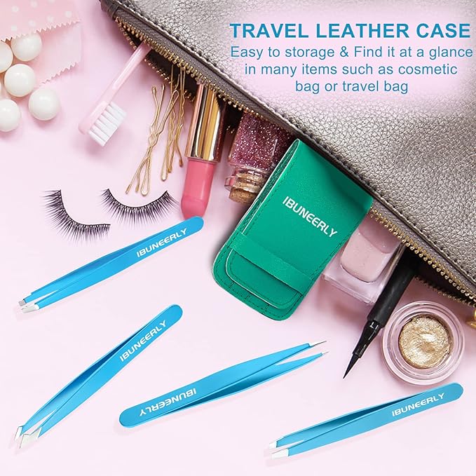 Eyebrows Tweezers Set, 4Pcs Stainless Steel Tweezers for Women with Travel Case, Great Precision for Ingrown Hair, Facial Hair and Splinter Removal