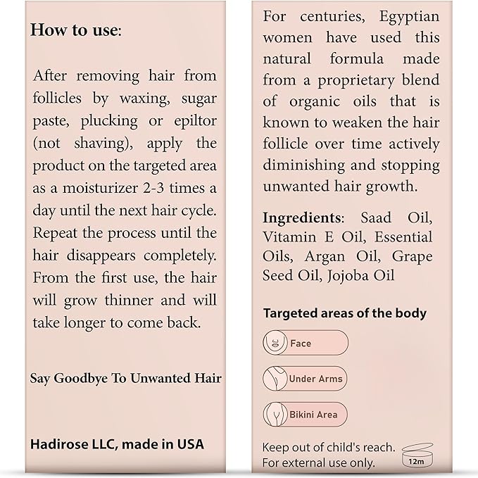 Silky Serum by Hadirose | Pure Red Saad Oil (Egyptian Cyperus Rotundus) Concentrated | Organic All Natural Hair Removal Serum | Scented (Rose, Jasmine & Lavender) | Made in the USA.