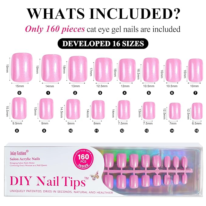 Jofay Fashion Press on Nails Short - 5 Styles Fake Nails with Pink & Blue & Purple Collection Mermaid Meal, Glossy Acrylic False Nails Reusable Full Cover Stick on Fake Nails, 16 Sizes