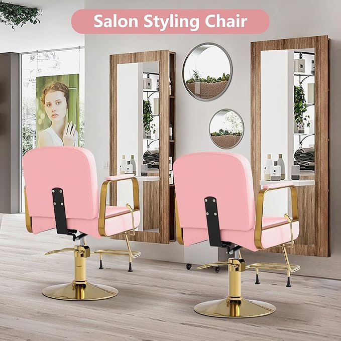Barber Salon Chair for Hair Sylist, Hydraulic Salon Chairs, Height Adjustable Barber Chairs, Reclining Barber Styling Chairs, 360 Degrees Rotation Shampoo Chair for Barbershop (Pink)