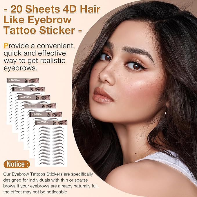 20 Sheets 240 Pairs Eyebrow Tattoo Sticker Waterproof 4D Hair-Like Natural Fake Tattoo Eyebrows Transfers Stickers Peel Off Brows Grooming Shaping Sticker in Vibrant Miami,Dark Brown