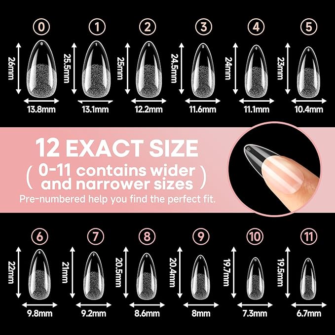 UNA GELLA Medium Almond Gel Nail Tips Half Matte 312pcs Almond Gel Nails No C Curve Clear False Fake Nails Effective Nail Extensions for DIY Art Salon-Level Press On Nails, 12 Sizes