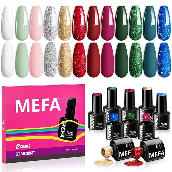 MEFA Christmas Gel Nail Polish Set Limited Edition, 12 Colors Burgundy Red Dark Green Glitter Gel Polish Winter Silver Gold Sparkle Nail Polish Manicure Soak Off Salon Christmas Gifts for Women Girl